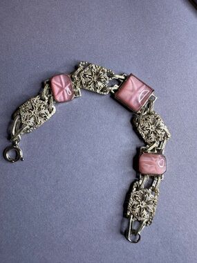 Vintage silver tone pink glass bracelet preowned